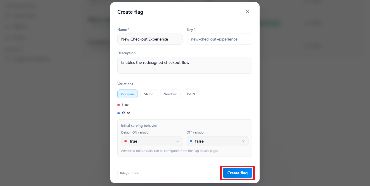 Create flag modal fields