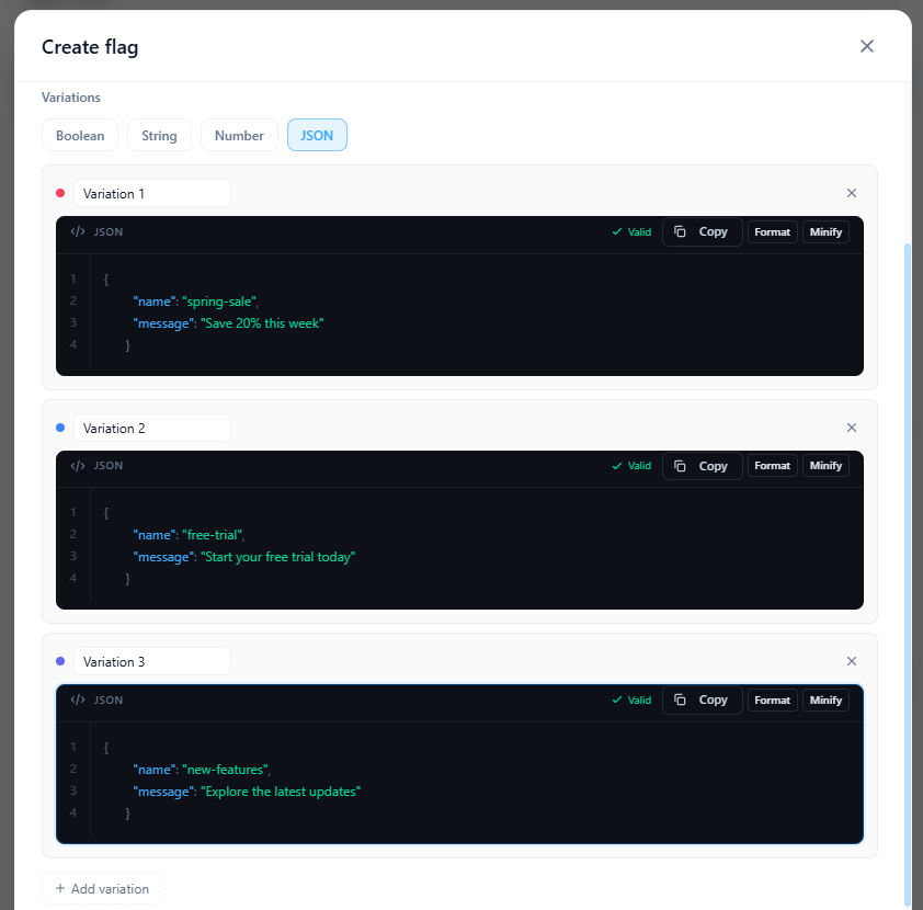 JSON variation editor