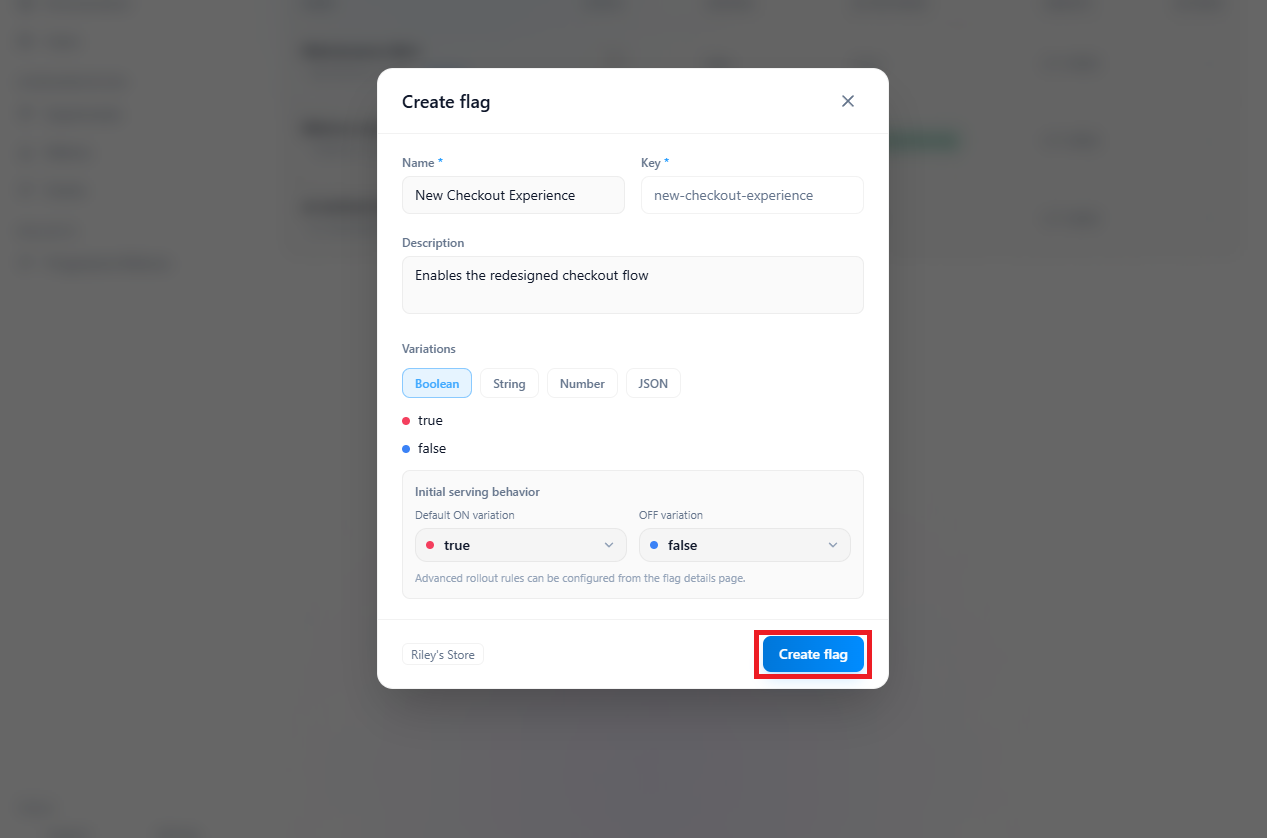 Create your first boolean flag and set initial ON/OFF serving behavior.